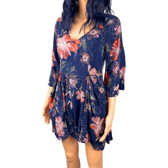 Free People Eyes On You Dress 2 Navy Floral Trapeze Swing Mini Pockets Tunic - Picture 3 of 6